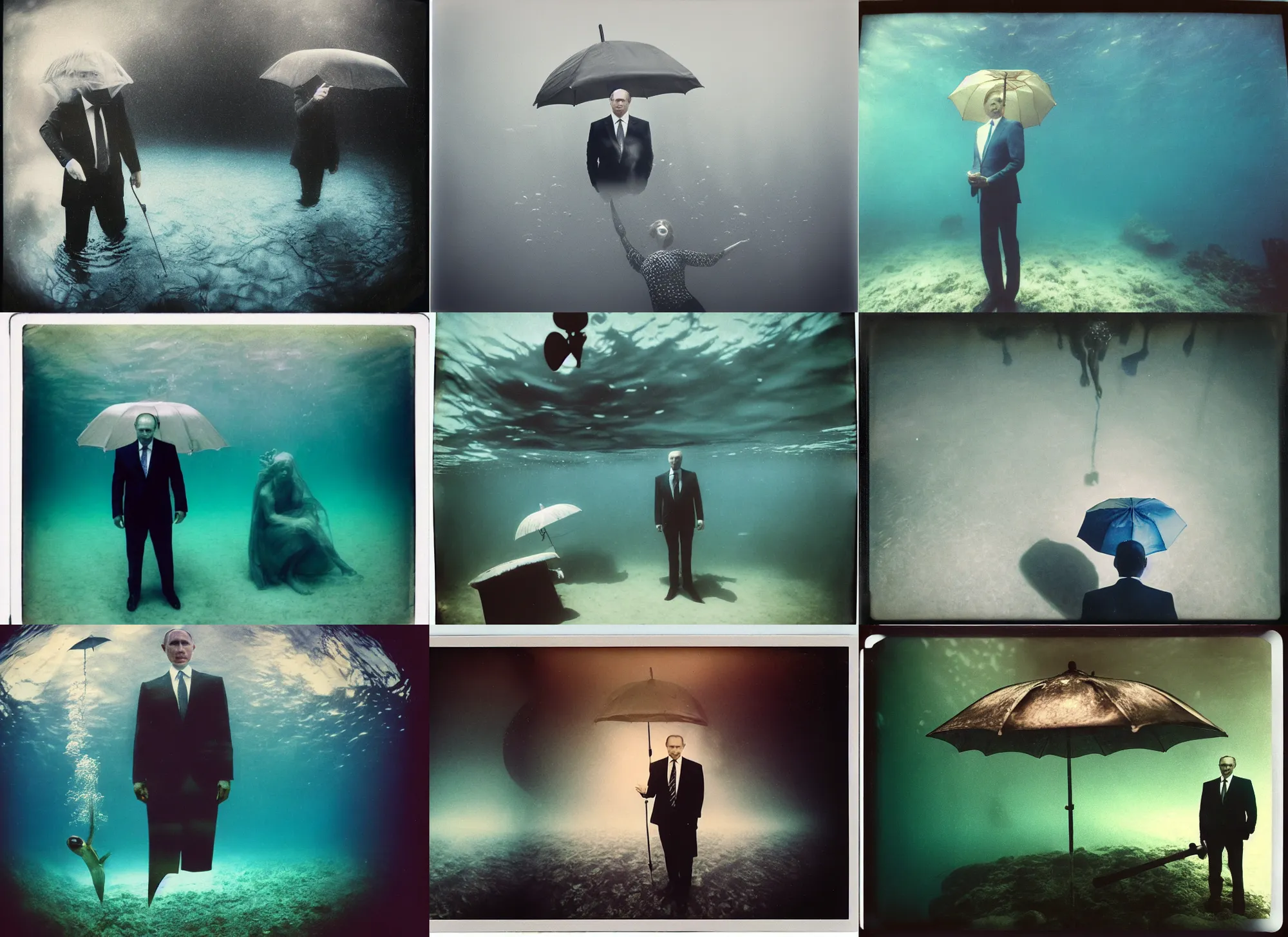 Prompt: medium shot, vladimir putin standing still with umbrella, underwater polaroid photo, vintage, neutral colors, underwater, by shawn heinrichs and gregory crewdson