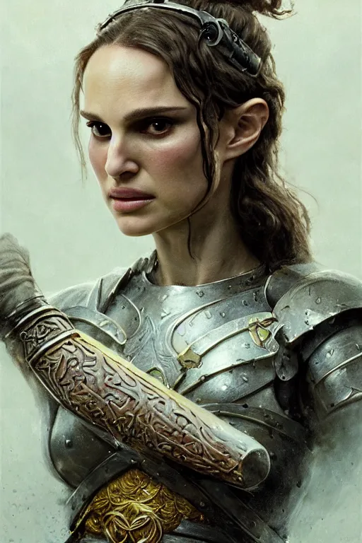 Image similar to natalie portman, legendary warrior, heroic, lord of the rings, tattoos, decorative ornaments, battle armor, by carl spitzweg, ismail inceoglu, vdragan bibin, hans thoma, greg rutkowski, alexandros pyromallis, perfect face, fine details, realistic shading photorealism