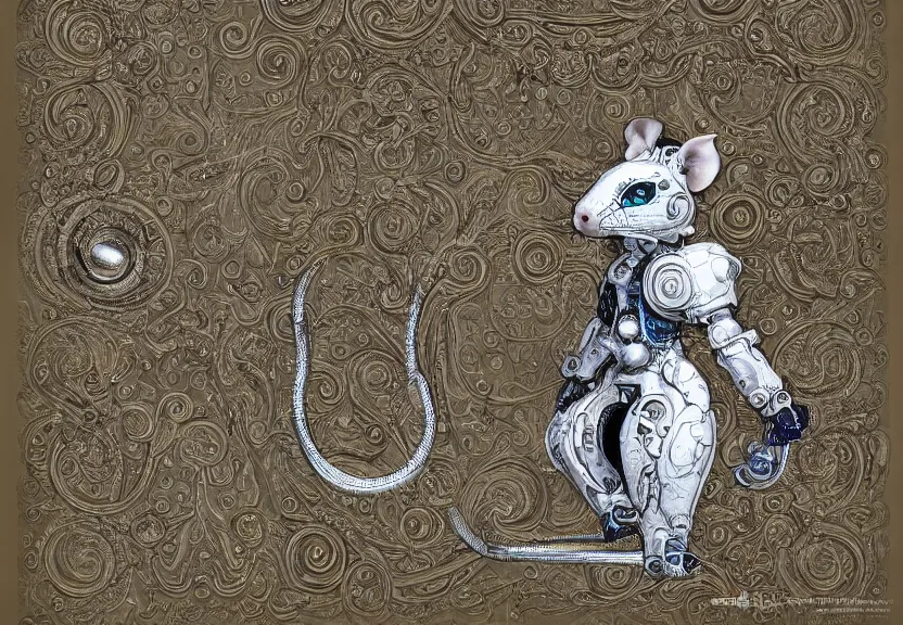 Image similar to spacious highly detailed ornate filigreed convoluted ornamented elaborate cybernetic rat standing in a white void, full body, character design