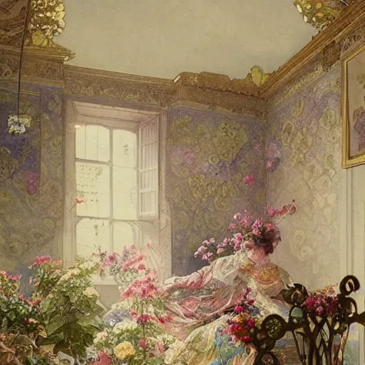 Image similar to a beautifull intricate watercolour painting of a victorian bedroom with many flowers, reflexions, verry high details by william turner art, greg rutkowski and alphonse mucha, trending on artstation, very very detailed, masterpiece,