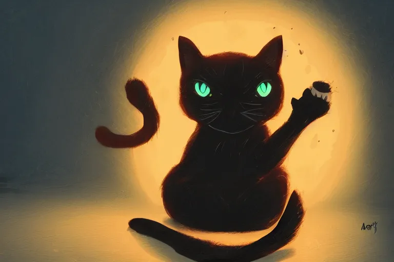 Image similar to meowing black cat sitting next to a glowing doorway, digital illustration, artstation, artstation hq, hd
