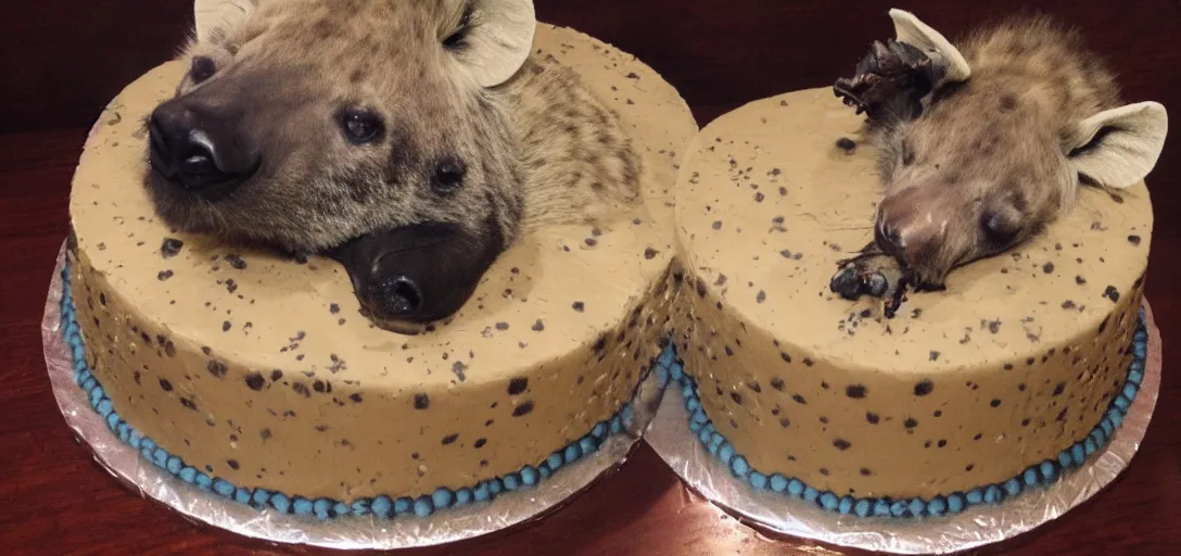 Prompt: a birthday cake, hyena sitting on top