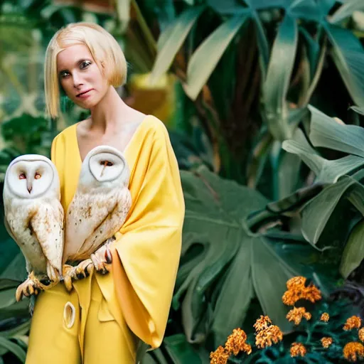 Prompt: head to shoulder portrait photograph of an elegant blond woman wearing a yellow kimono with a very detailed barn owl on her shoulder!!! in a tropical greenhouse. looking at the camera!!. super resolution. 85 mm f1.8 lens.bokeh. graflex. by Alessio albi !