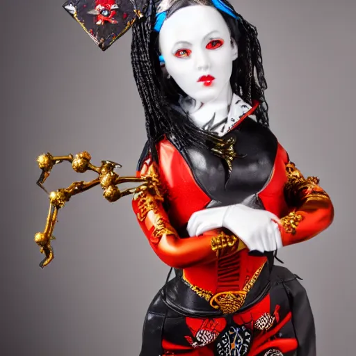 Prompt: cybergoth porcelain woman with artnouveau garment and ornaments sharp focus 8 k