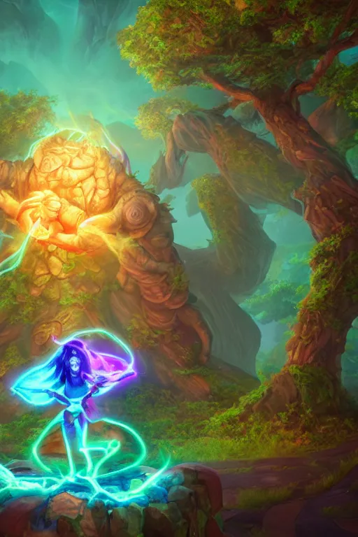 Image similar to arcane fantasy art giant golem elemental wood rock bastion forged gemstone enchanted forest troll, global illumination ray tracing hdr fanart arstation by sung choi and eric pfeiffer and gabriel garza and casper konefal lisa frank zbrush central hardmesh radiating a glowing aura