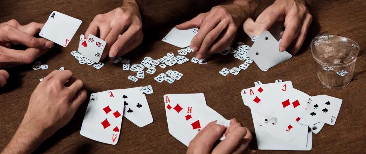 Image similar to a high quality color extreme creepy atmospheric wide dutch angle hd 4 k film 3 5 mm photograph of closeup of hands of caucasian men playing cards, smoking cigarettes with full ashtray on a table