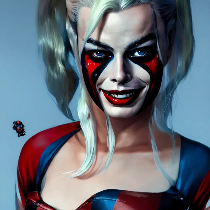 Prompt: portrait of Margot Robbie as a harley quinn. intricate abstract. intricate artwork. by Tooth Wu, wlop, beeple, dan mumford. octane render, trending on artstation, greg rutkowski very coherent symmetrical artwork. cinematic, hyper realism, high detail, octane render, 8k, iridescent accents