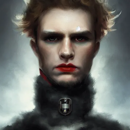 Prompt: oil painting of a pale menacing male soldier with fluffy blond curls of hair and piercing eyes, center parted bangs, high tech suppression dog collar, jagged black imperial armor, sinister resonant red glow white fractals creeping darkness, by WLOP, Artstation, CGsociety