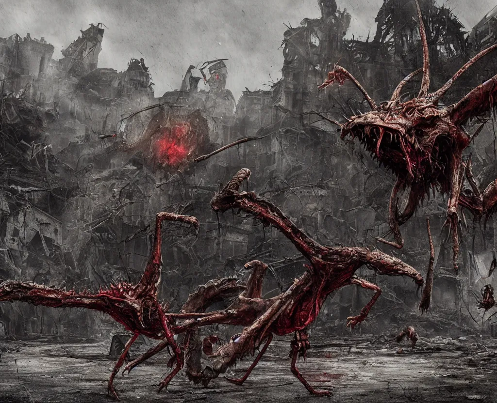Prompt: Giant mosquito monster flying in the road of the ruined city. Drops of blood and meat with veins on the road. Ruins. Dark colors, high detail, hyperrealism, horror art, 8k, concept art, octane render