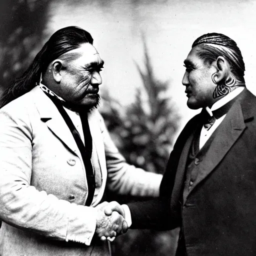 Prompt: a tattooed maori dignitary shakes hands with a 2 0 th century industrialist, colorized 1 9 0 4 photo, kodak camera, historical event, credit the national archives of the united kingdom
