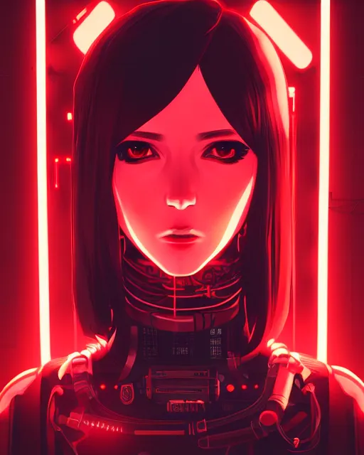 Image similar to a detailed potrait of a cyberpunk cyborg girl with black and red parts, fine - face, realistic shaded perfect face, detailed. night setting. very anime style. realistic shaded lighting poster by ilya kuvshinov katsuhiro, unreal engine, global illumination, radiant light, detailed and intricate environment