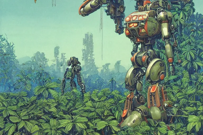 Image similar to most blues, evangelionic illustration, gigantic girl head, a lot of exotic vegetation, trees, tremendous mecha robot, flowers, oldschool vintage sci - fi flat surreal design, super - detailed, oil painting by moebius, hd, 4 k, high quality