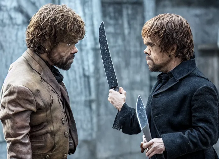 Prompt: peter dinklage knife fighting willem dafoe, movie still, from the new john wick movie, 8 k, realistic