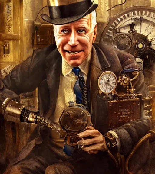 Image similar to portrait of steampunk joe biden cosplaying, by wlop, by simon stalengrad, by ilya repin, bioshock screenshot, photorealistic fan art, detailed shading, intricate abstract, steampunk