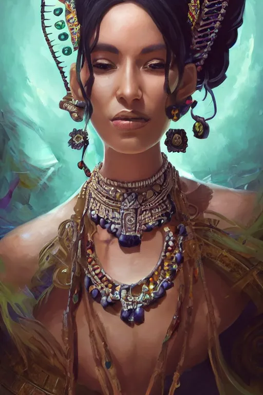 Image similar to a professionally painted portrait of a mayan queen , clothed in jade jewelry , olive skin, long dark hair, beautiful bone structure, symmetrical facial features, intricate, elegant, digital painting, trending on Artstation, concept art, smooth, sharp focus, illustration, from Rayman legends by Ruan Jia and Mandy Jurgens and Artgerm and William-Adolphe Bouguerea, award winning