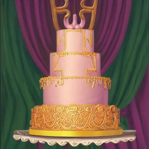 Prompt: painting of a fancy pastel baroque cake by greg hildebrandt