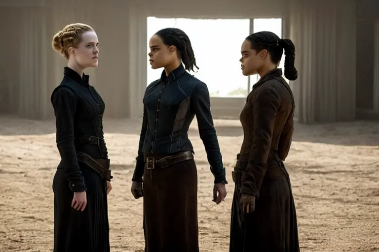 Prompt: evan rachel wood as hale and tessa thompson as dolores in westworld