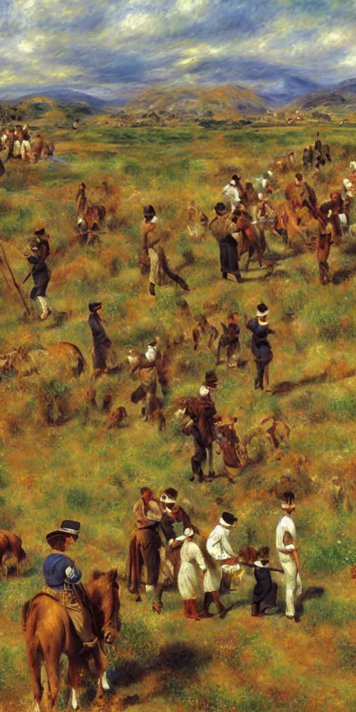 Image similar to oil painting of mormon pioneers crossing the plains, painting by renoir and yong sung kim, masterpiece, stylized