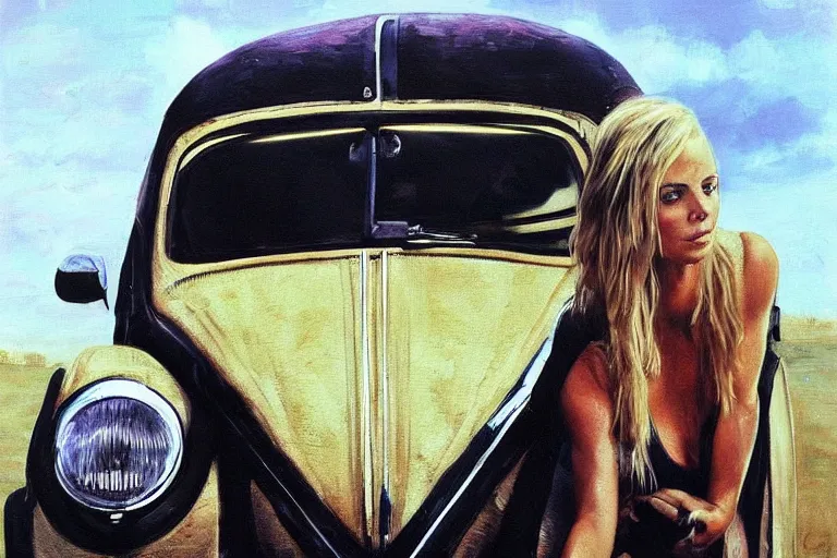 Prompt: beautiful y charlize theron with long blonde hair locks holds over its head old volkswagen beetle, oil on canvas, naturalism