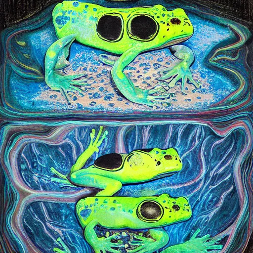 Image similar to Hyperrealistic intensely colored Studio wet collodion Photograph portrait of a deep sea psychedelic bioluminescent frog deep underwater in darkness long exposure, award-winning nature deep sea expressionistic impasto heavy brushstrokes oil painting by Fabian Marcaccio and Jean Dubuffet and Audubon vivid colors hyperrealism 8k