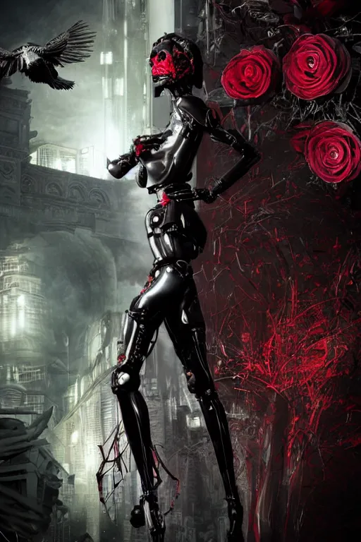 Image similar to full-body cyberpunk style sculpture of a young beautiful dark priestess, half android with a head opening exposing circuitry, glowing red eyes, black roses, flowing blood red colored silk, fabric, candles. baroque elements. human skull. full-length view. baroque element. intricate artwork by caravaggio. crows flying in background. Trending on artstation, octane render, cinematic lighting from the right, hyper realism, octane render, 8k, depth of field, 3D