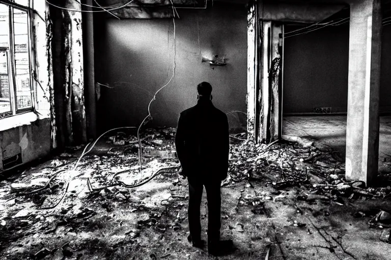 Image similar to a man in black in leather, watching a black hole forming in the grimy grungy basement of an abandoned apartment block, wires, cables, grainy black and white photography