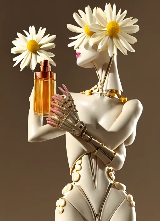 Image similar to mannequin carrying perfume bottle, biomechanical gold corals daisies rhizomorphs in an ivory room well contoured smooth fair walls, up close shot, sharp focus, global illumination, radiant light, alexandre ferra white mecha, irakli nadar, octane highly render, 4 k, ultra hd,