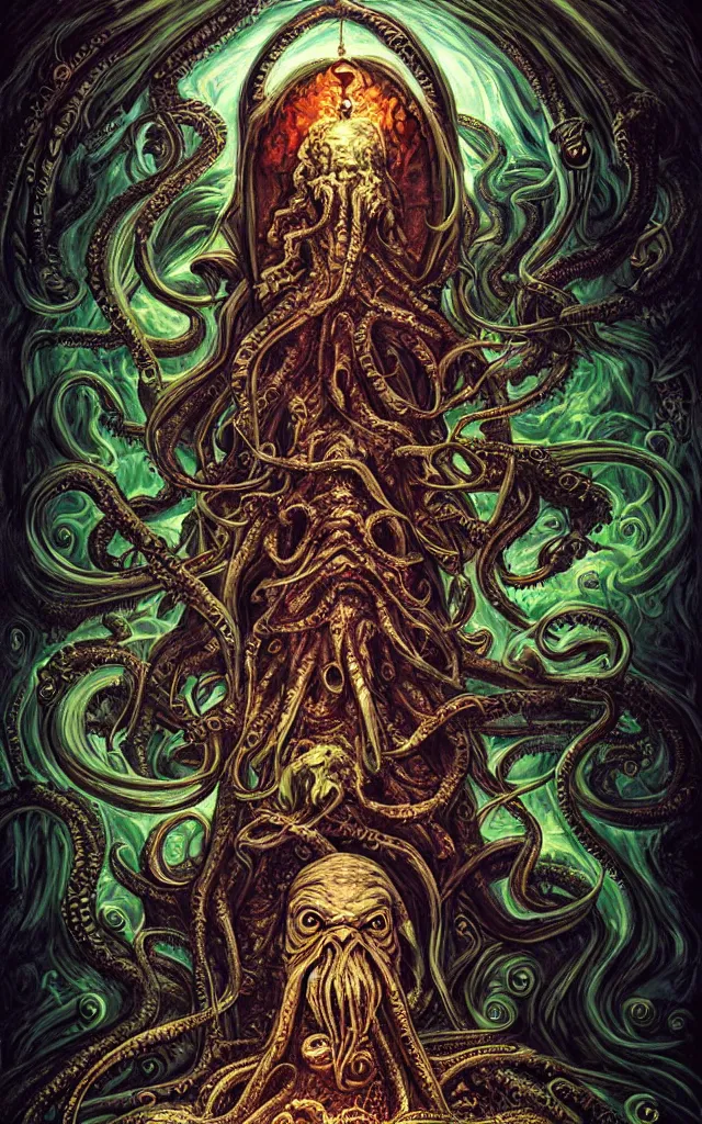 Prompt: pope priest in front of a cthulhu within a viscosity fluid lovecraft portal artwork by android jones, smooth lighting, detailed