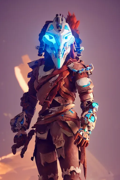 Image similar to combination suit armor aloy horizon forbidden west horizon zero dawn robot ninja mask helmet backpack tribal, aesthetic octane render, 8 k hd resolution, by ilya kuvshinov and cushart krentz and gilleard james radiating a glowing aura cgi rtx 2 0 2 2