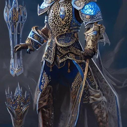 Image similar to concept art, full body portrait of king sorcerers, ornate, Blue and silver, armor, robes, Hyperrealistic, 4K, Unreal Engine, Highly Detailed, Dramatic Lighting, Beautiful