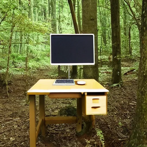 Prompt: A small desk in the middle of a forest by Hayao Miyazaki