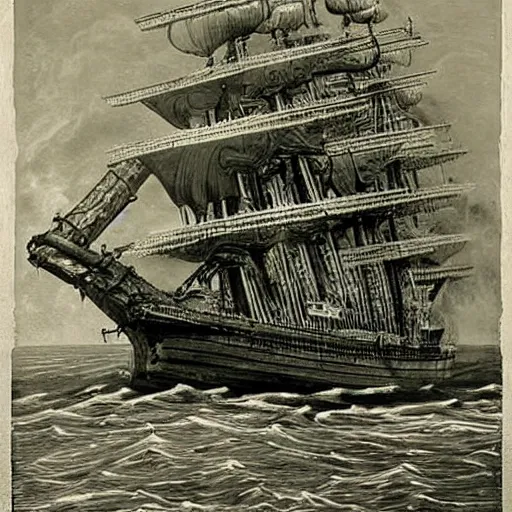 Image similar to an impossibly huge pirate ship, being attacked by a kraken, giant tentacles. 1800s photograph