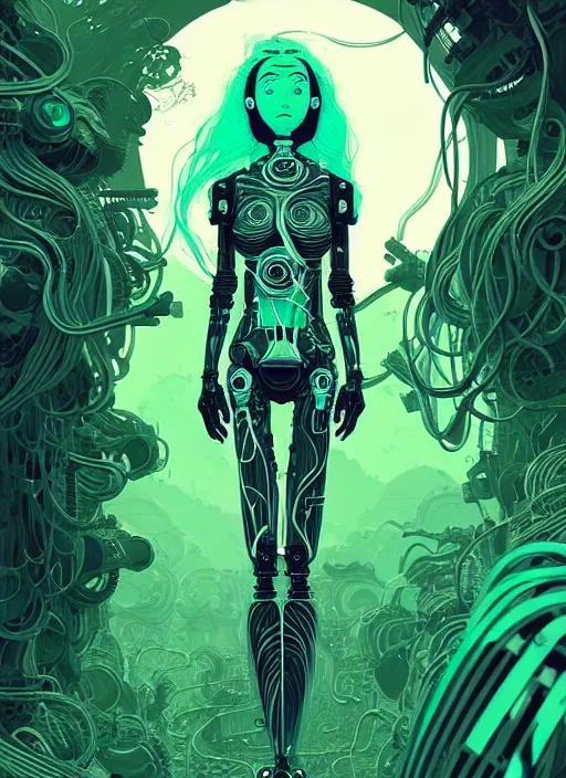 Image similar to highly detailed portrait of a biopunk cyborg long wavy blonde hair tribal lady, stray wiring by atey ghailan, james gilleard, by joe fenton, by greg rutkowski, by greg tocchini, by kaethe butcher, 4 k resolution, gradient green, black and white color scheme!!! ( ( forested robotic dense jungle background ) )