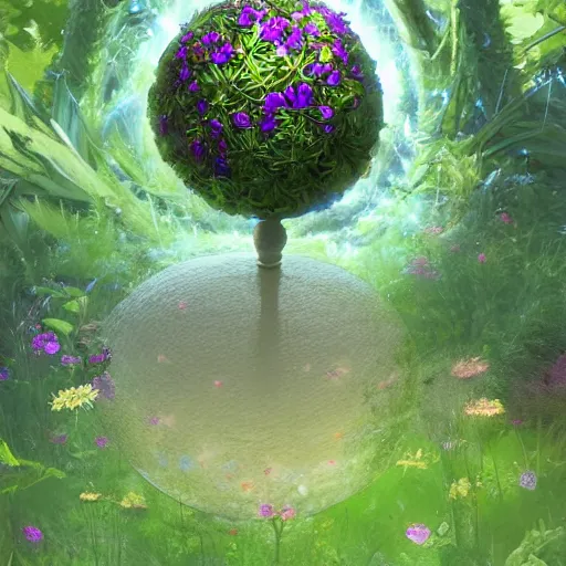 Prompt: a portal in a mysterious garden filled with spherical plants, by Claesz, Pieter, trending on art station