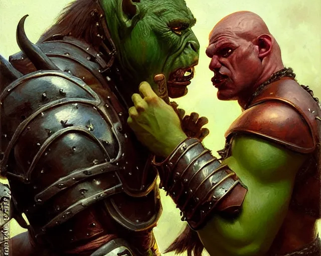 Prompt: romantic fantasy oil painting portrait of two male orc warriors kissing, wearing leather armor, their skin is green. fantasy art by greg rutkowski and john singer sargent