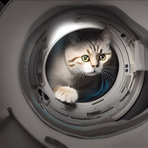 Prompt: a cat stuck in a washing machine on the moon, cinematic lightning, 8k, octane render,