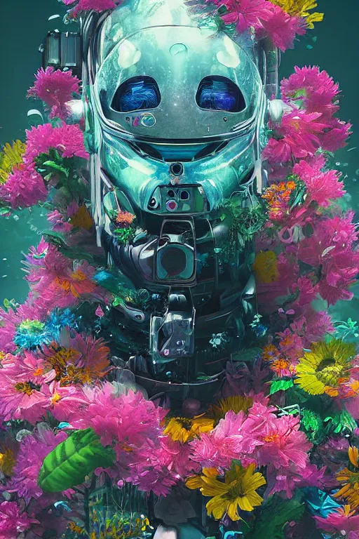 Image similar to closeup, underwater digital painting of a robot wearing a suit made of flowers, cyberpunk portrait by Filip Hodas, cgsociety, panfuturism, made of flowers, dystopian art, vaporwave