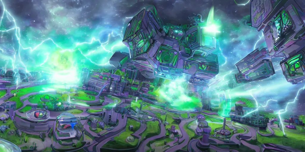 Image similar to a borg cube firing upon the my little pony world, highly detailed digital painting