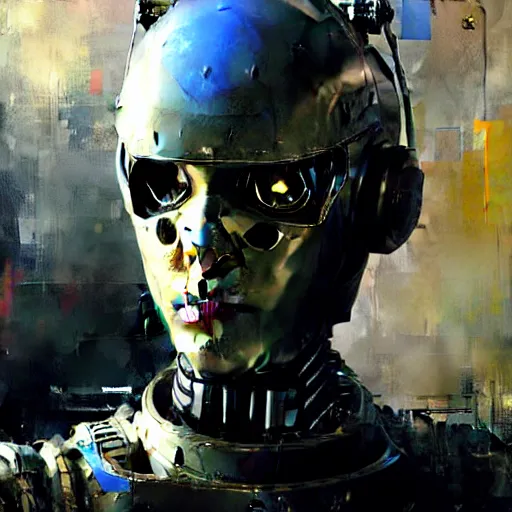 Image similar to a portrait of a robot with high tech armor, high detailed greg rutkowski painting, by adrian ghenie and gerhard richter. art by james gurney. masterpiece, deep colours.