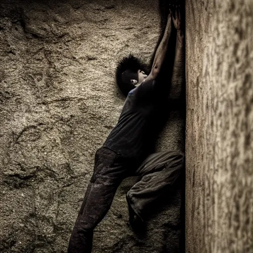 Prompt: man clinging to the wall of a deep dark cold well cinematic 3 5 mm realistic 8 k