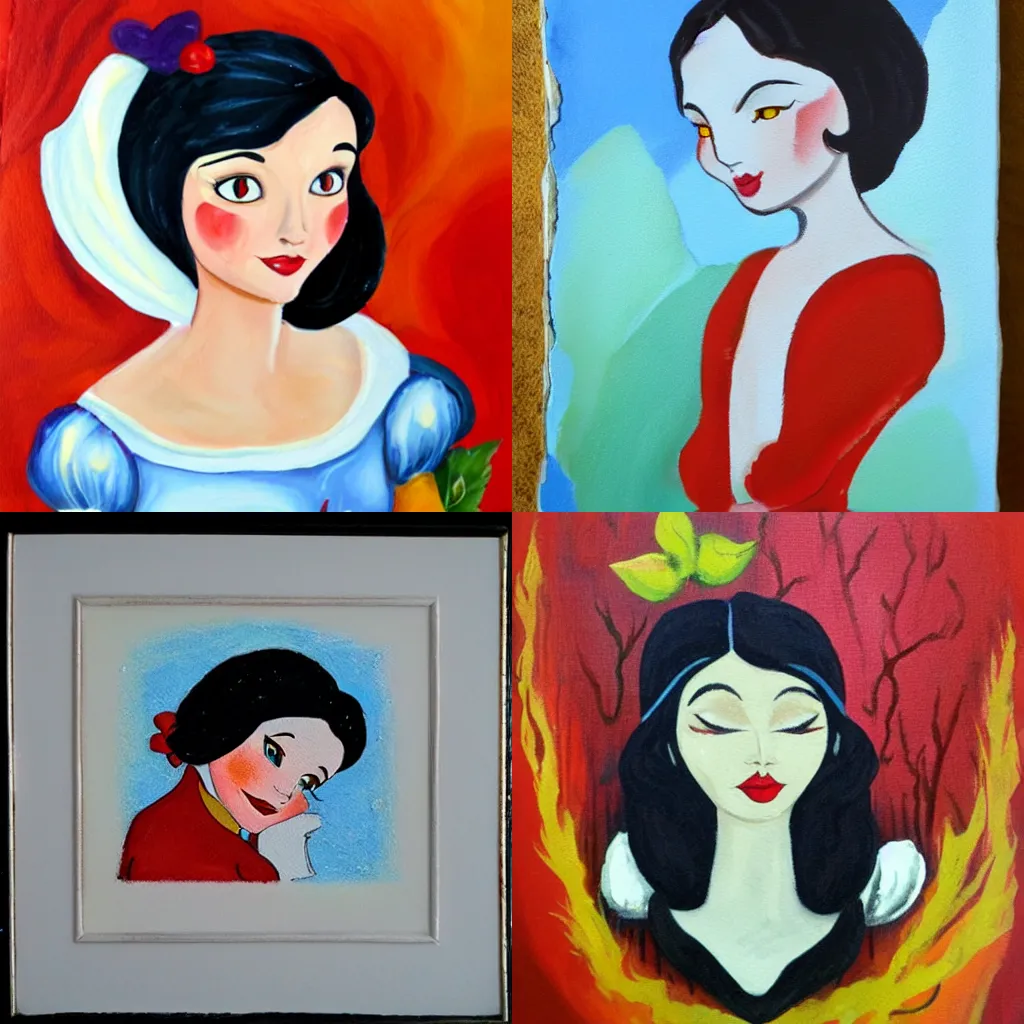 Prompt: snow white, painted with gouche, warm colors