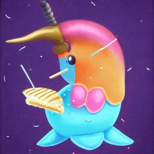 Image similar to a painting of a narwhal with a sandwich impaled on it's horn by lisa frank, trending on artstation, 8 k, unreal engine