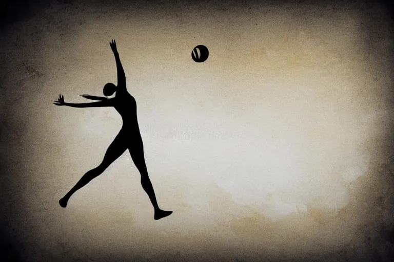 Prompt: beautiful serene volleyball player, healing through motion, life, minimalistic golden and ink airbrush painting on white background, smooth, pristine