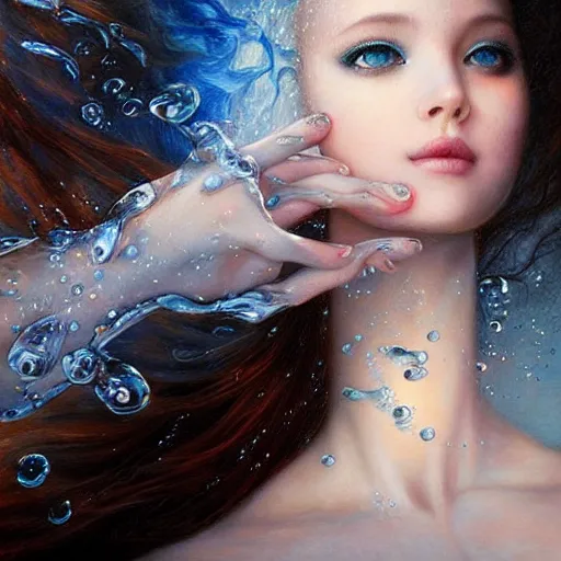 Prompt: a beautiful ballerina manipulating water by karol bak, ayami kojima, artgerm, river, water, blue eyes, smile, concept art, fantasy