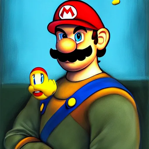 Prompt: a portrait of Super Mario in the style of the Mona Lisa