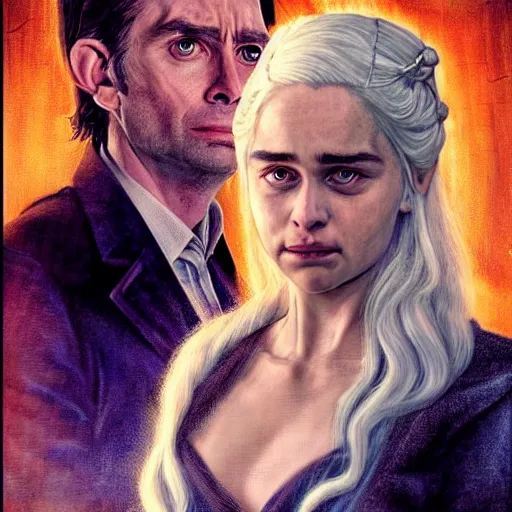 Image similar to daenerys targaryen with david tennant as tenth doctor who in tavern, highly detailed, sharp focus, digital art, defined facial features, symmetrical facial features, close up, art by greg rutkowski