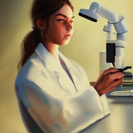 Image similar to girl wearing a labcoat in a biology lab, microscope on the table, expressive oil painting, matte art, trending on artstation, sunlit, octane render, brushstrokes, beautiful face portrait, beautiful lighting