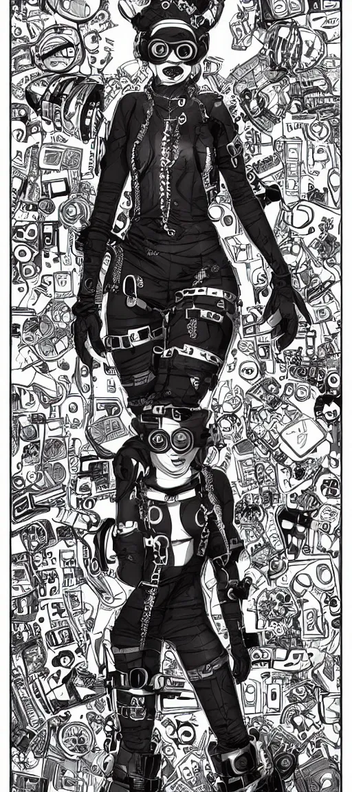 Image similar to a cybergoth woman wearing goggles and eccentric jewelry by jamie hewlett :: full body character concept art, detailed, intricate