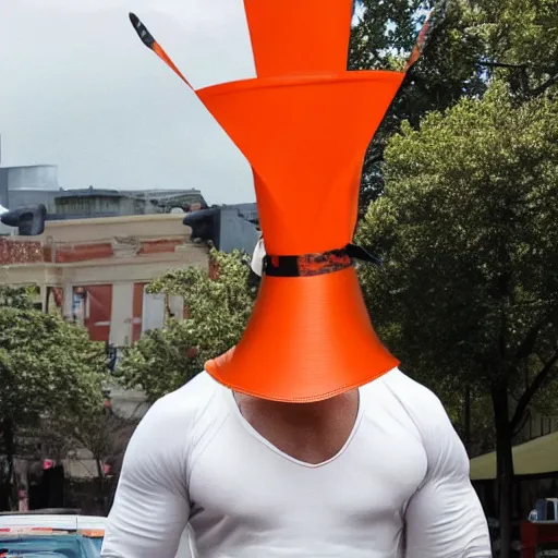 Prompt: ripped physique winged man Norm MacDonald disguised as a mothra whilst wearing a traffic cone hat bilquis evely