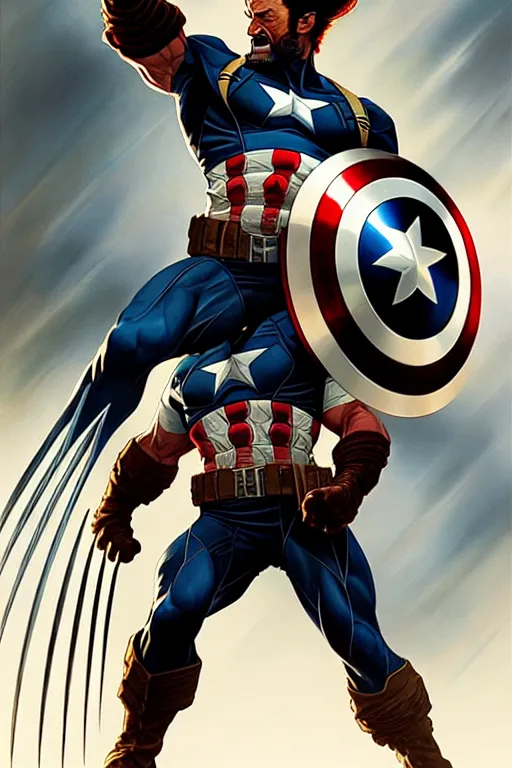 Image similar to wolverine as captain america, intricate, fantasy concept art, elegant, by Stanley Artgerm Lau, golden ratio, greg rutkowski, thomas kindkade, alphonse mucha, loish, norman Rockwell,